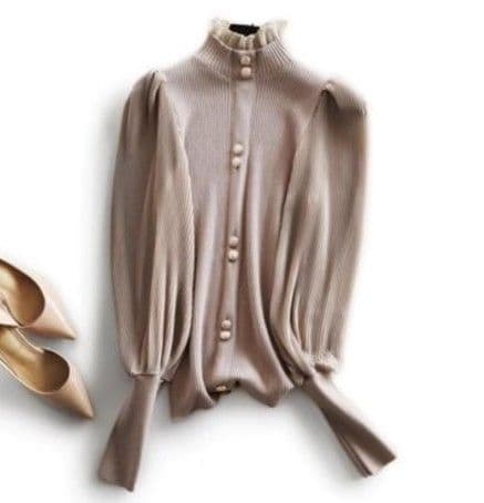 イエベ春/イエベ秋服　エレガントリブ編み立ち襟ブラウス