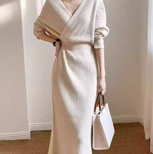 イエベ春/イエベ秋服　ウエスト痩身クロスネックドレスワンピース