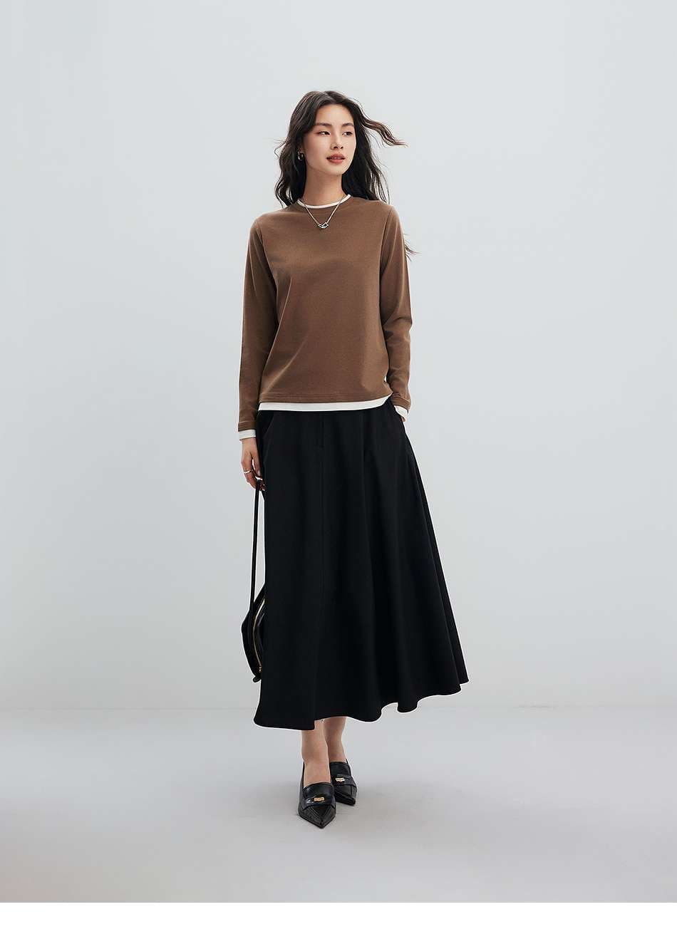 イエベ春/イエベ秋服　重ね着風ラウンドネック長袖トップス