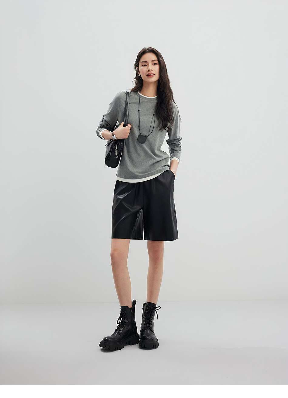 イエベ春/イエベ秋服　重ね着風ラウンドネック長袖トップス