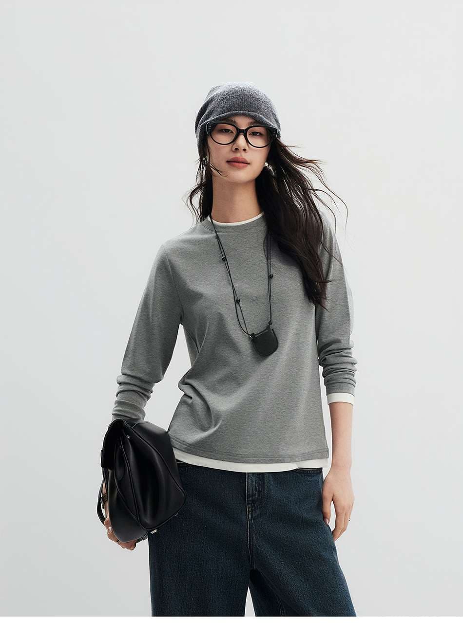 イエベ春/イエベ秋服　重ね着風ラウンドネック長袖トップス