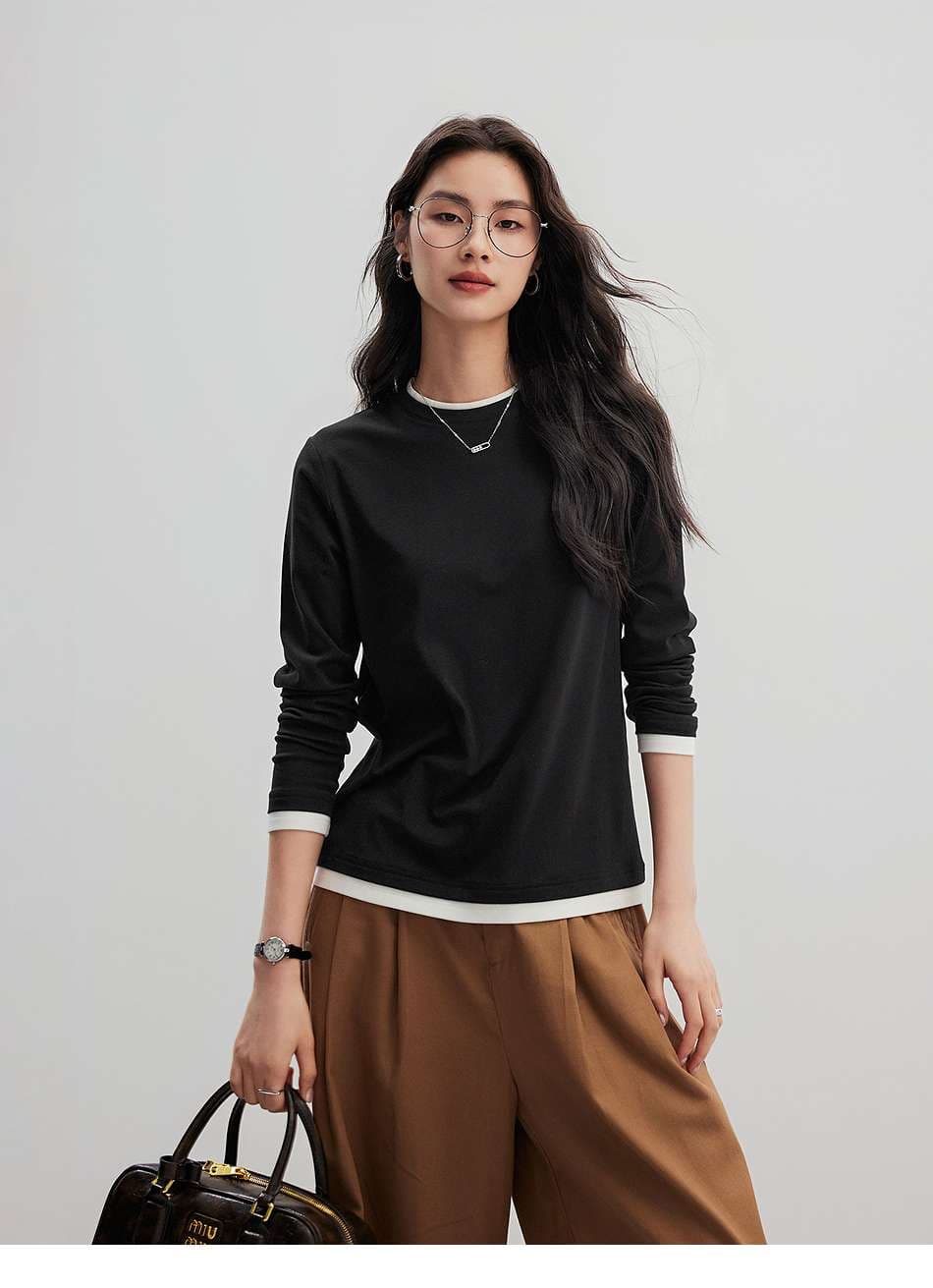 イエベ春/イエベ秋服　重ね着風ラウンドネック長袖トップス