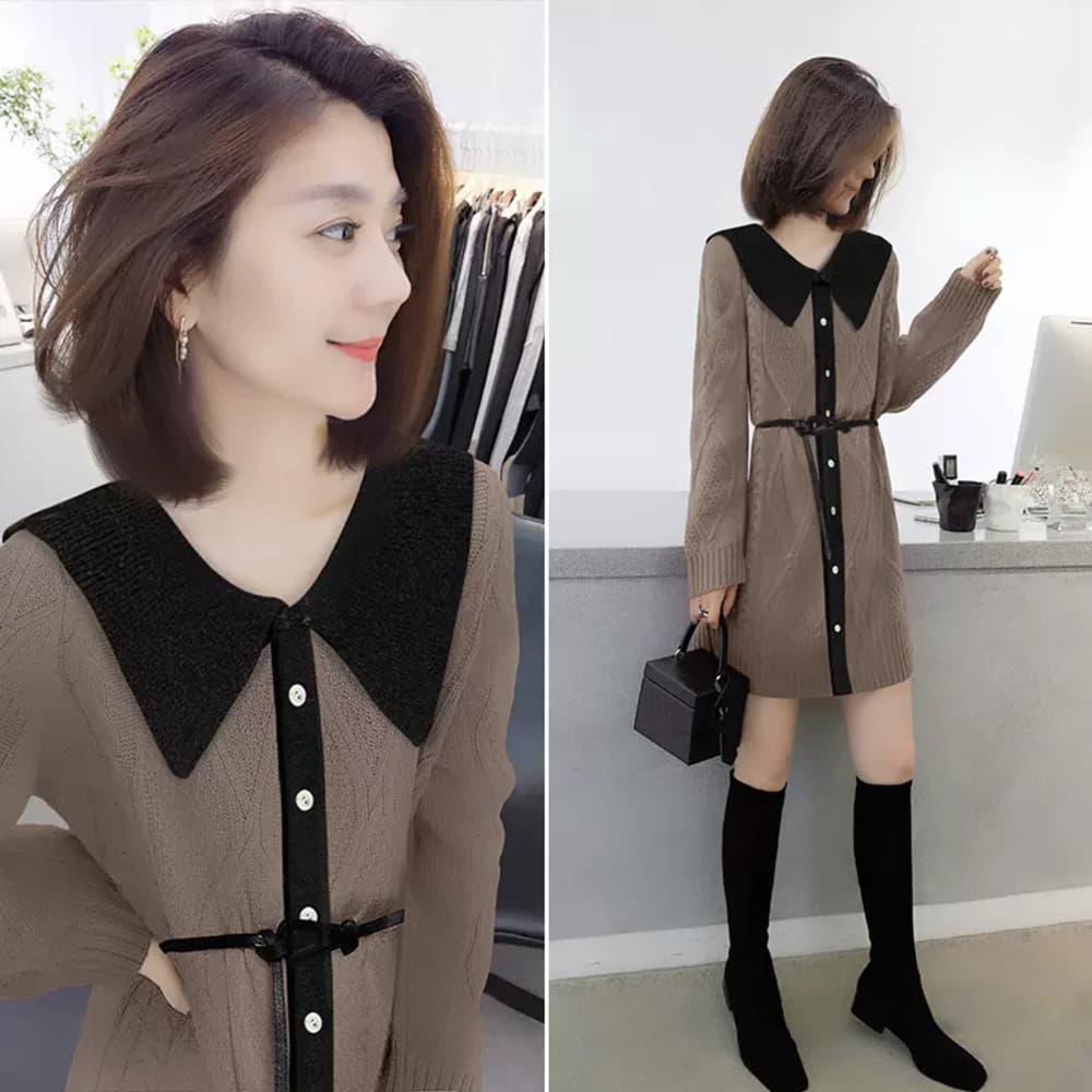 イエベ春/イエベ秋服 フロントボタンバイカラーワンピース