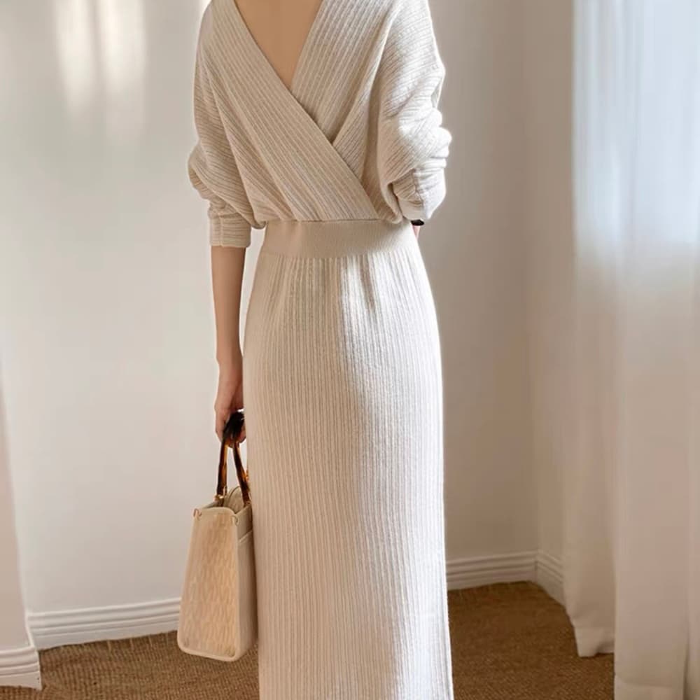 イエベ春/イエベ秋服 ウエスト痩身クロスネックドレスワンピース