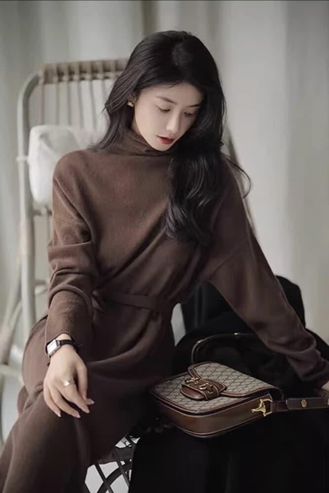 イエベ秋服 ハイネックロングセータワンピース