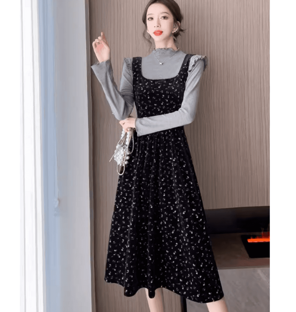 イエベ秋服 レトロ風花柄ワンピース2ピース