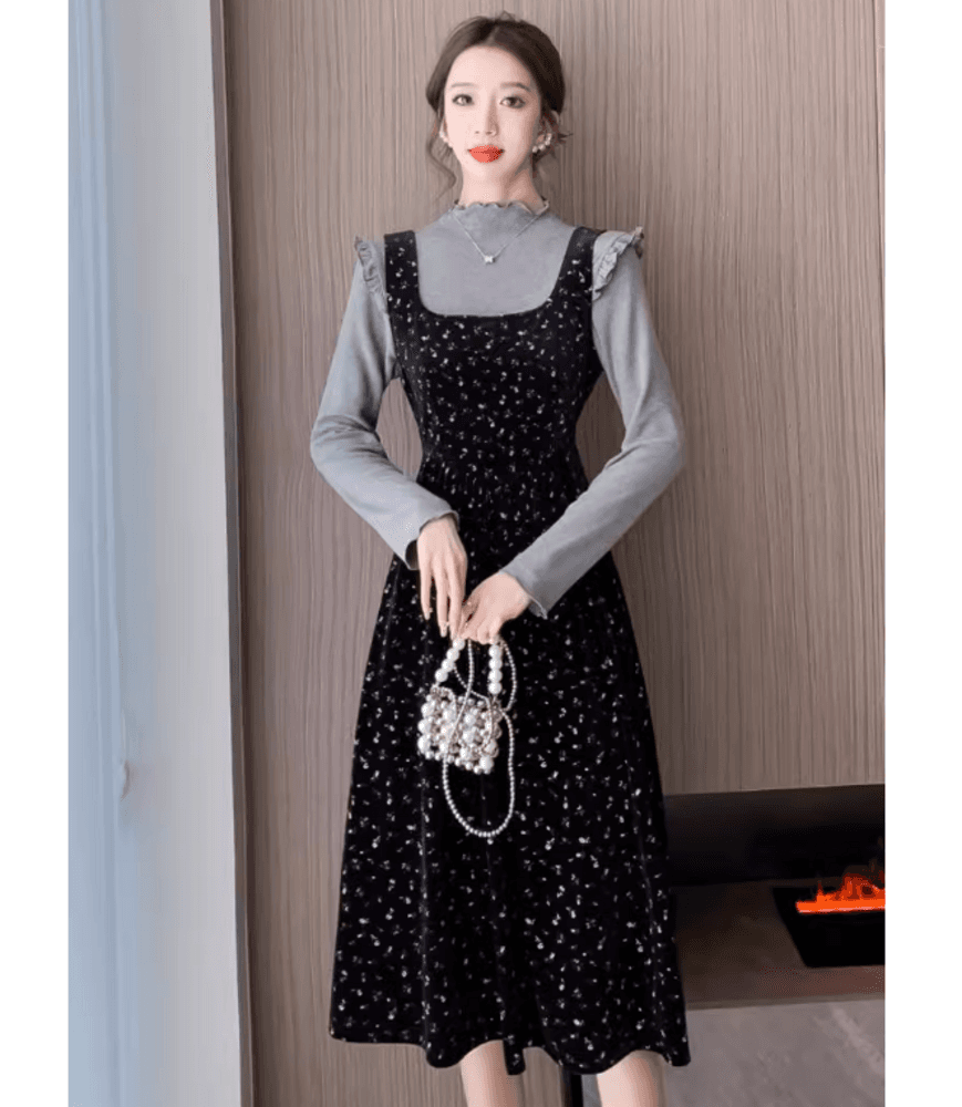 イエベ秋服 レトロ風花柄ワンピース2ピース