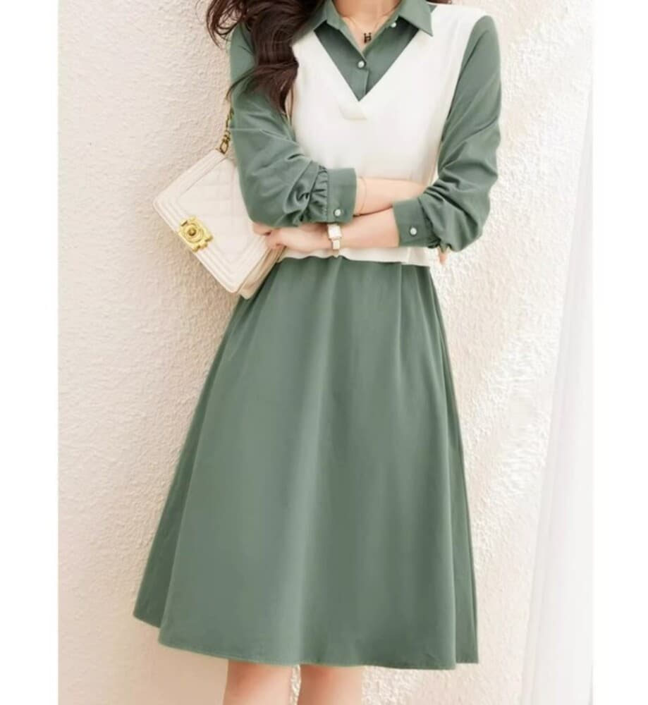 イエベ春/イエベ秋服 ベルト付きレイヤードワンピース