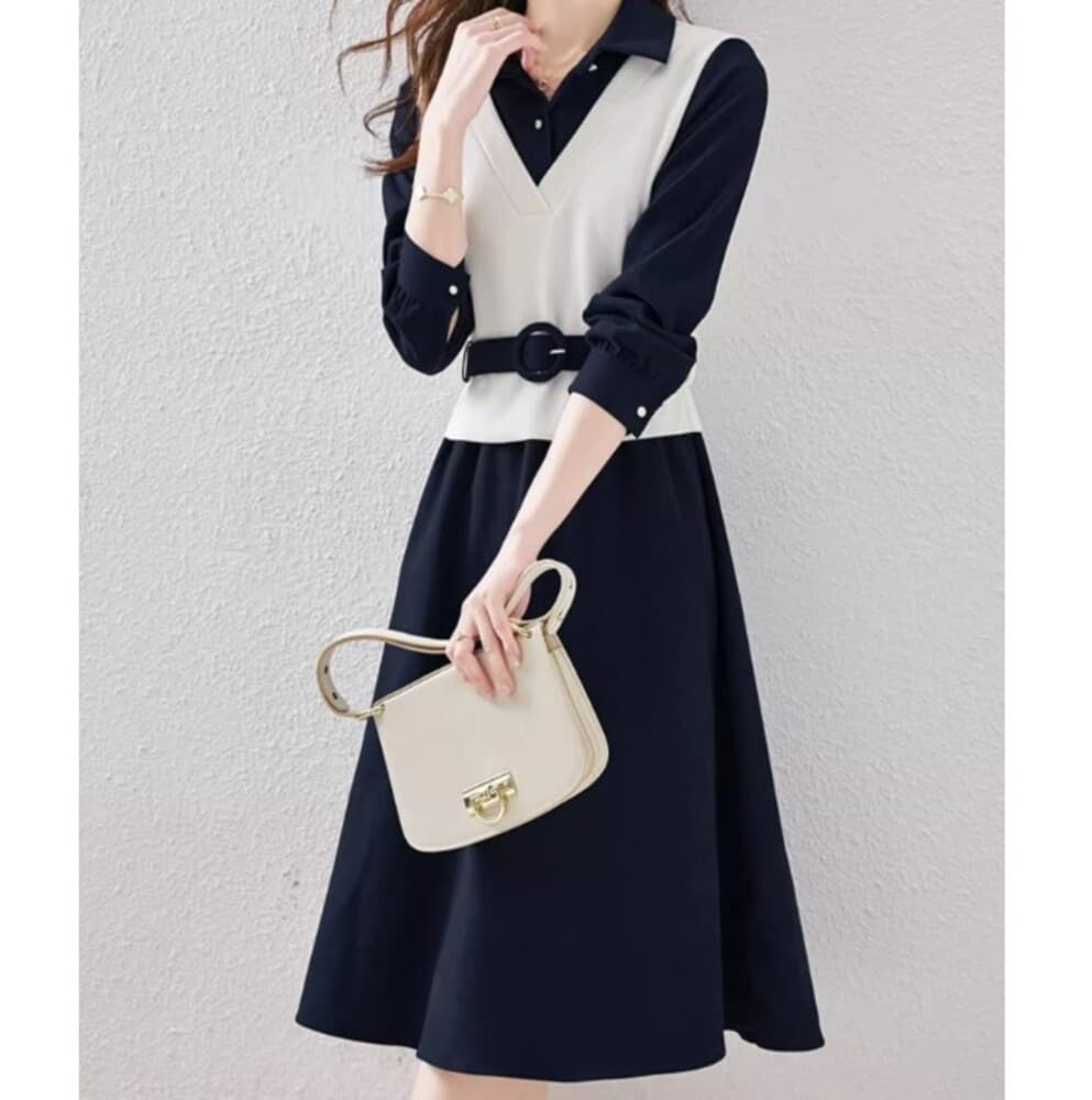 イエベ春/イエベ秋服 ベルト付きレイヤードワンピース
