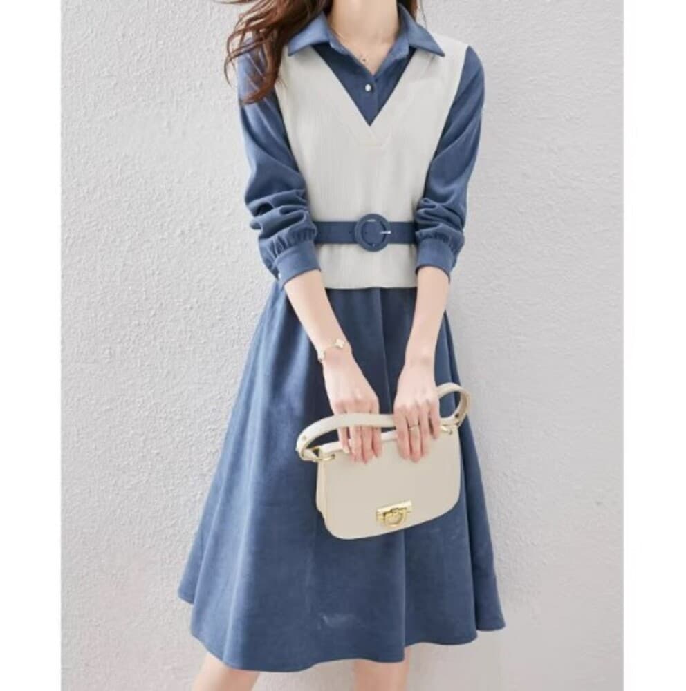 イエベ春/イエベ秋服 ベルト付きレイヤードワンピース