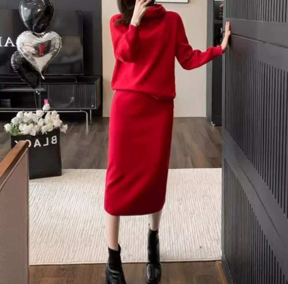 イエベ春/イエベ秋服 ハイネックセーター スカート セットアップ