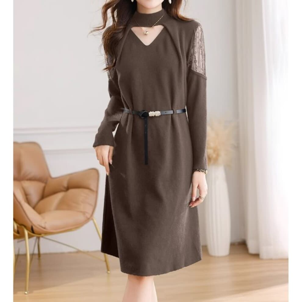 イエベ春/イエベ秋服 胸開き Aラインワンピース