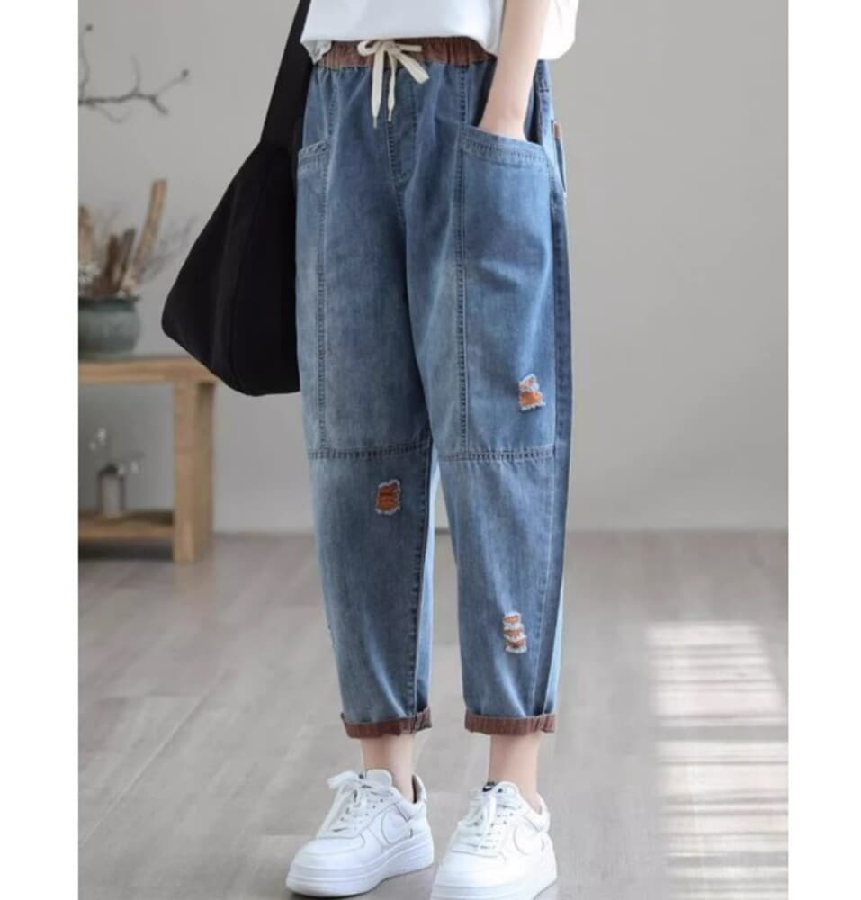 イエベ春/イエベ秋服 ロールアップ ダメージ風 デニムパンツ