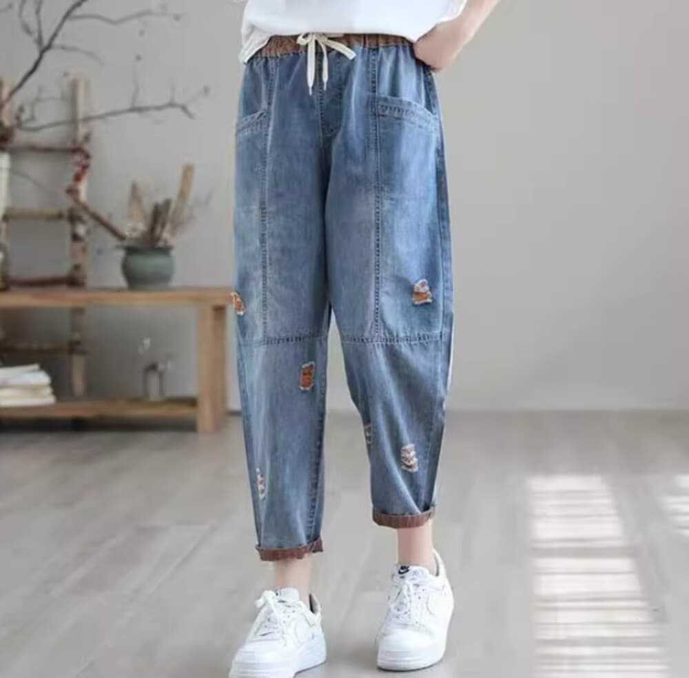 イエベ春/イエベ秋服 ロールアップ ダメージ風 デニムパンツ