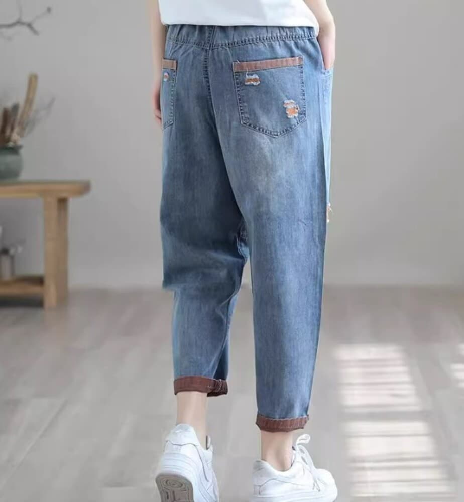 イエベ春/イエベ秋服 ロールアップ ダメージ風 デニムパンツ