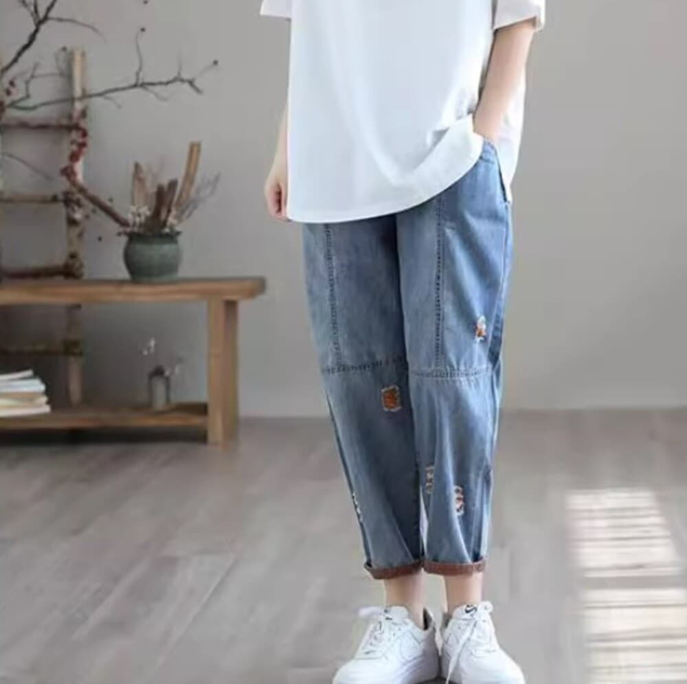 イエベ春/イエベ秋服 ロールアップ ダメージ風 デニムパンツ
