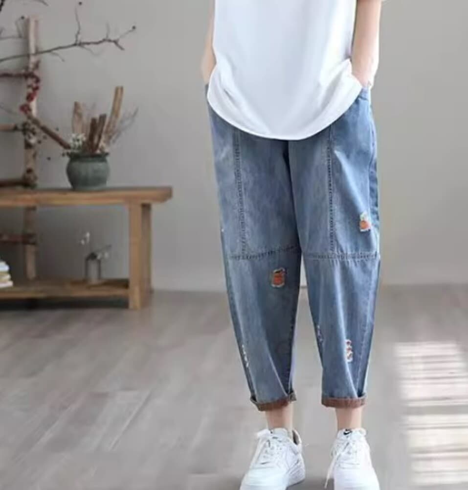 イエベ春/イエベ秋服 ロールアップ ダメージ風 デニムパンツ