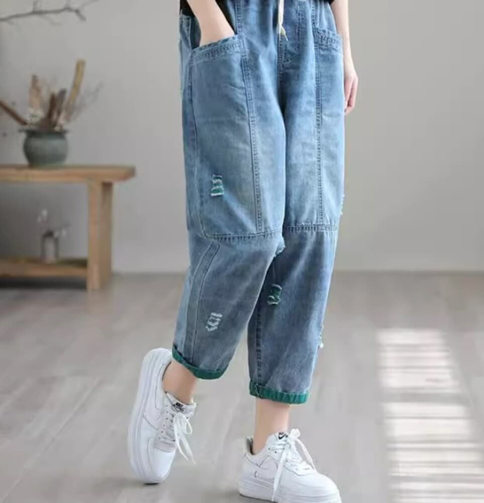 イエベ春/イエベ秋服 ロールアップ ダメージ風 デニムパンツ