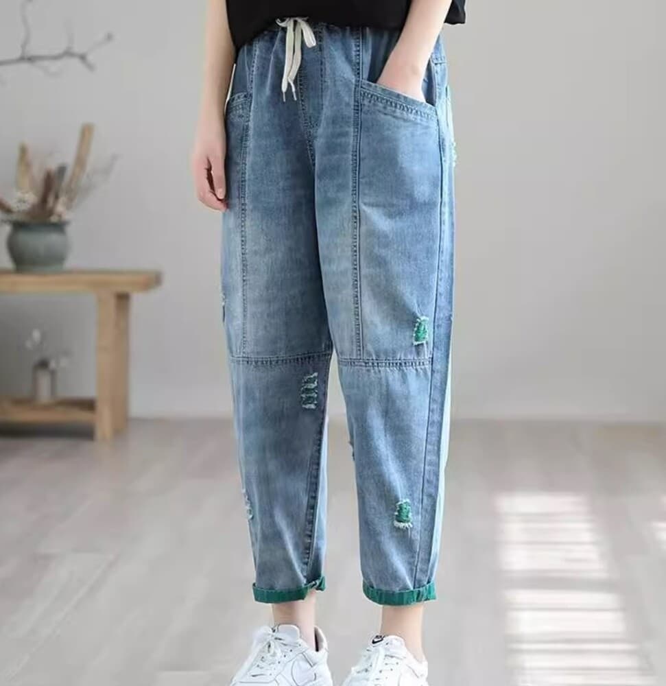 イエベ春/イエベ秋服 ロールアップ ダメージ風 デニムパンツ