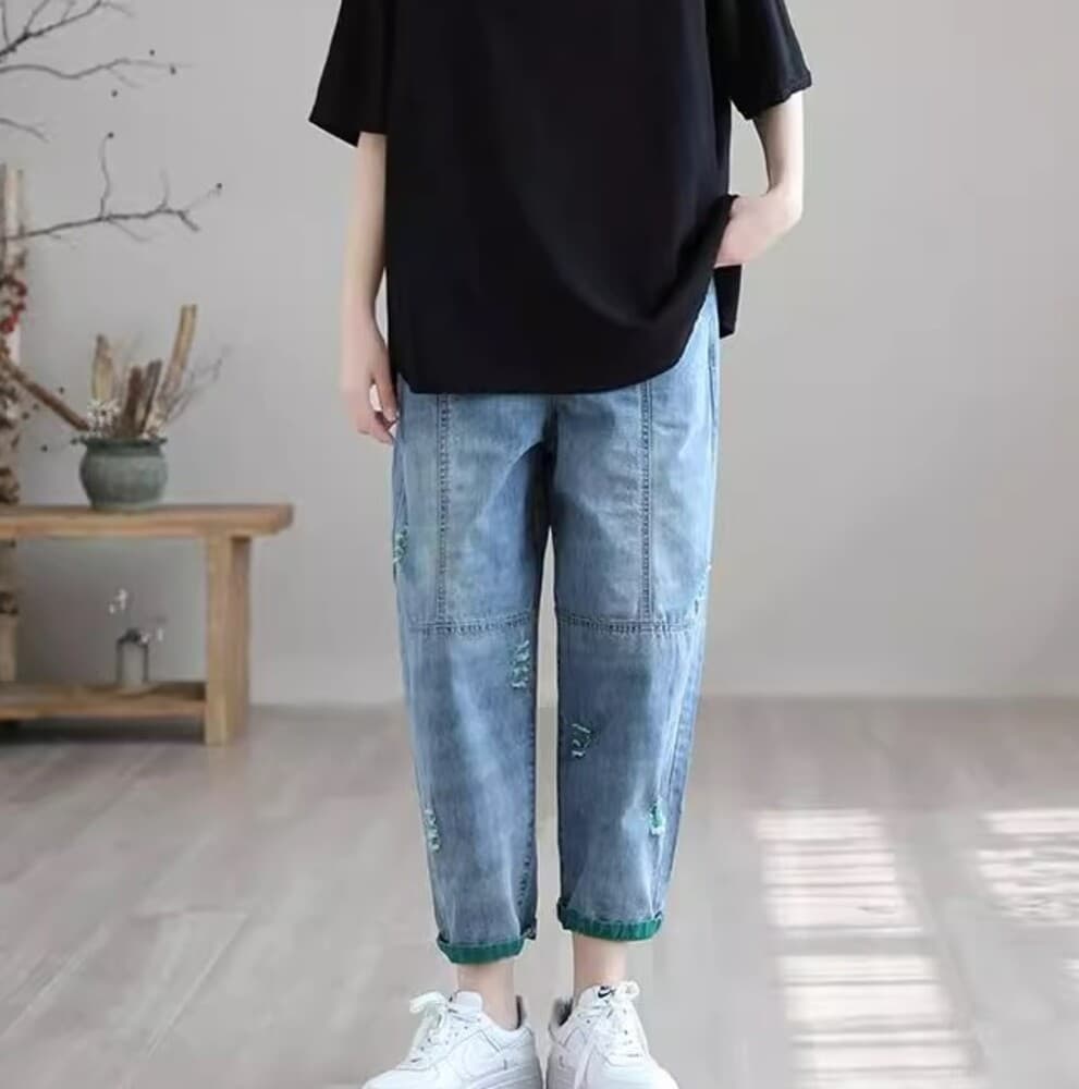 イエベ春/イエベ秋服 ロールアップ ダメージ風 デニムパンツ