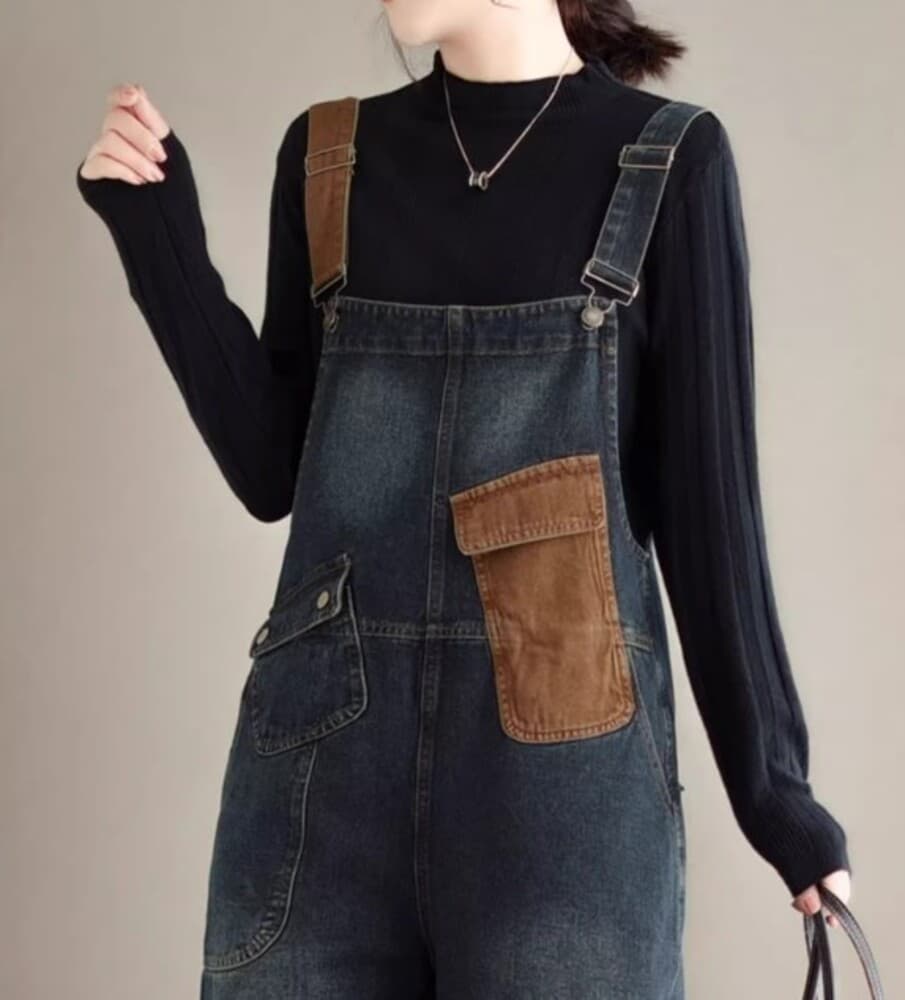 イエベ秋服 フロントポケット デニムサロペット