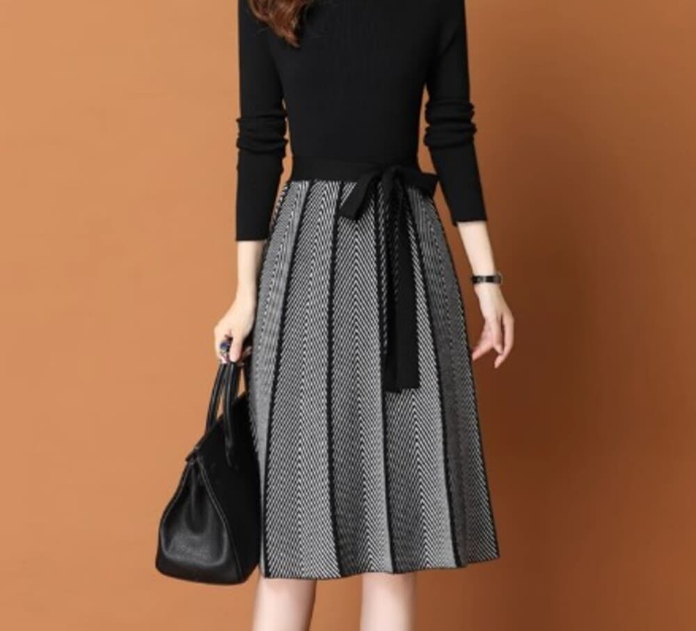 イエベ春/イエベ秋服 ウエストリボン ニットワンピース