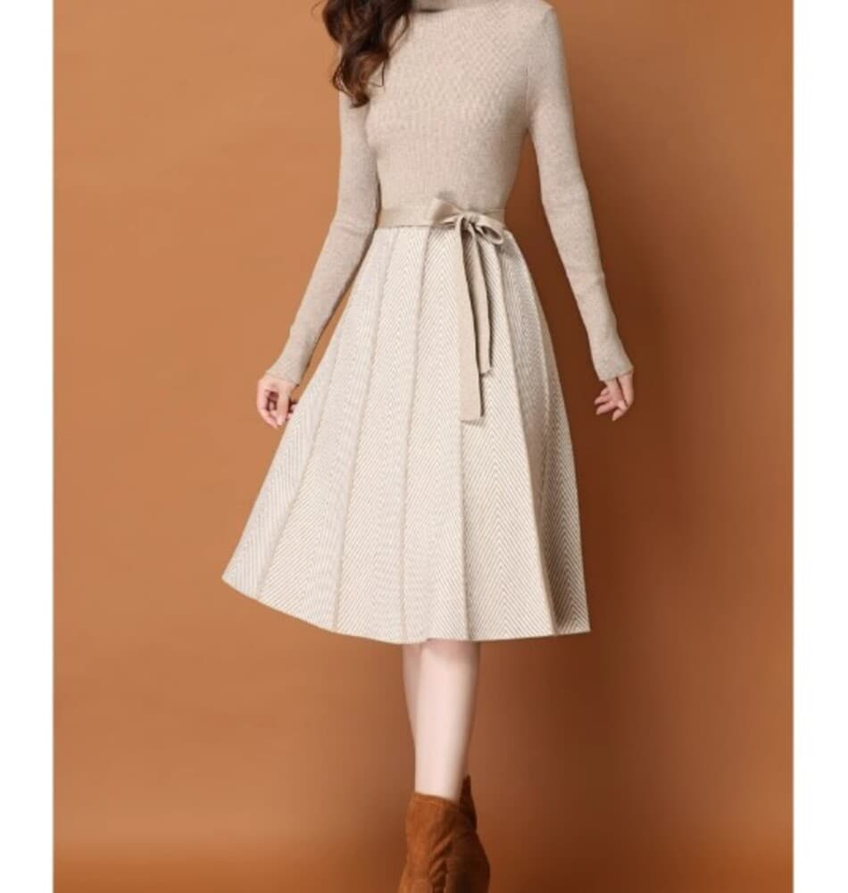 イエベ春/イエベ秋服 ウエストリボン ニットワンピース