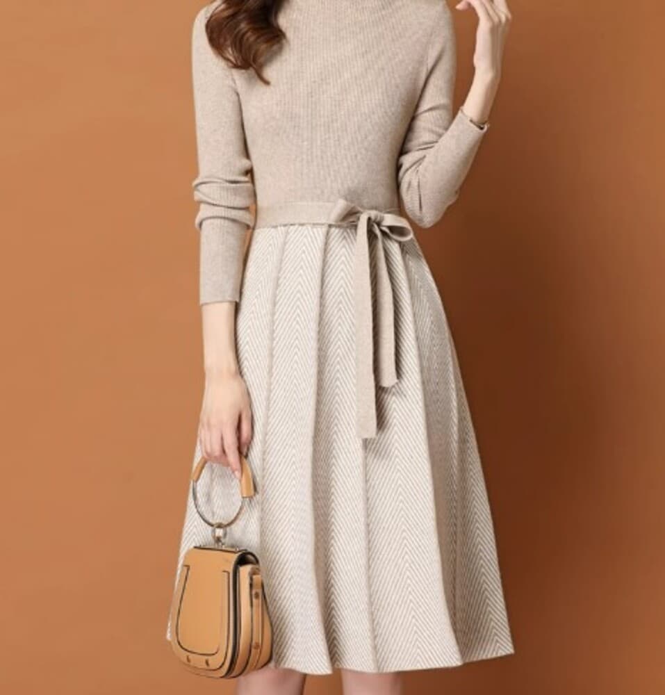 イエベ春/イエベ秋服 ウエストリボン ニットワンピース