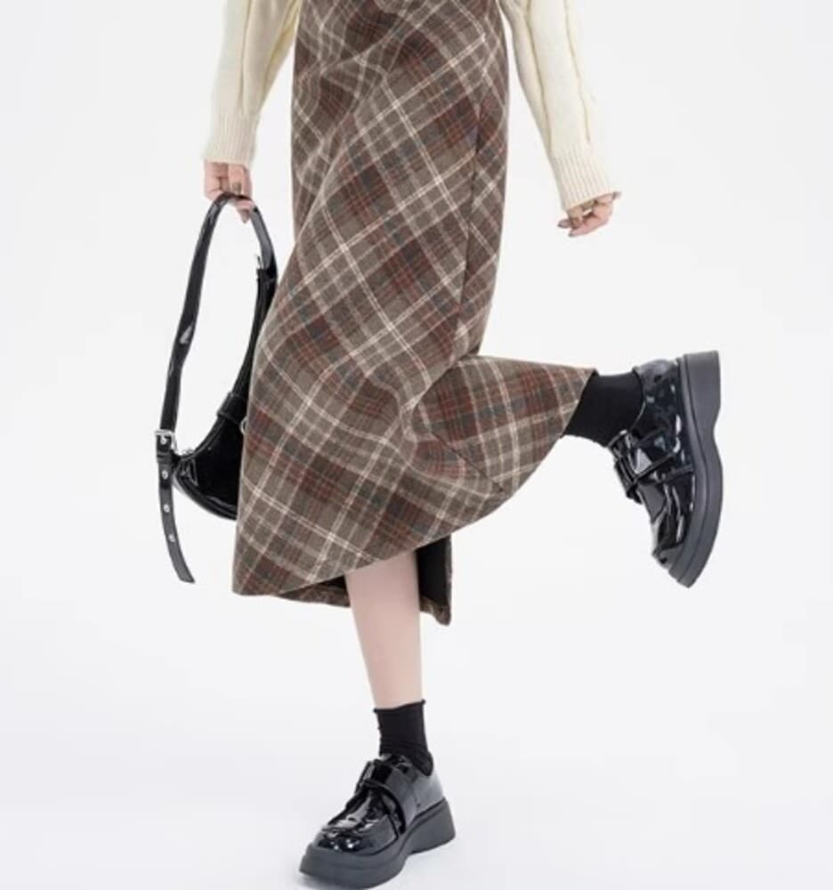 イエベ春/イエベ秋服 アメリカンレトロチェック柄ロングスカート