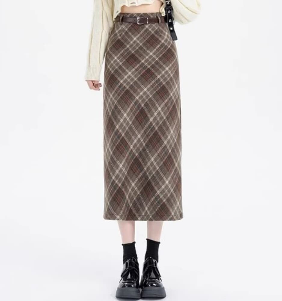 イエベ春/イエベ秋服 アメリカンレトロチェック柄ロングスカート