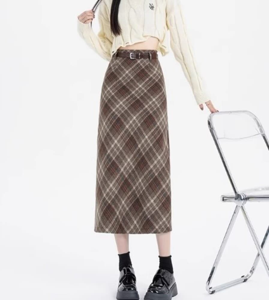 イエベ春/イエベ秋服 アメリカンレトロチェック柄ロングスカート