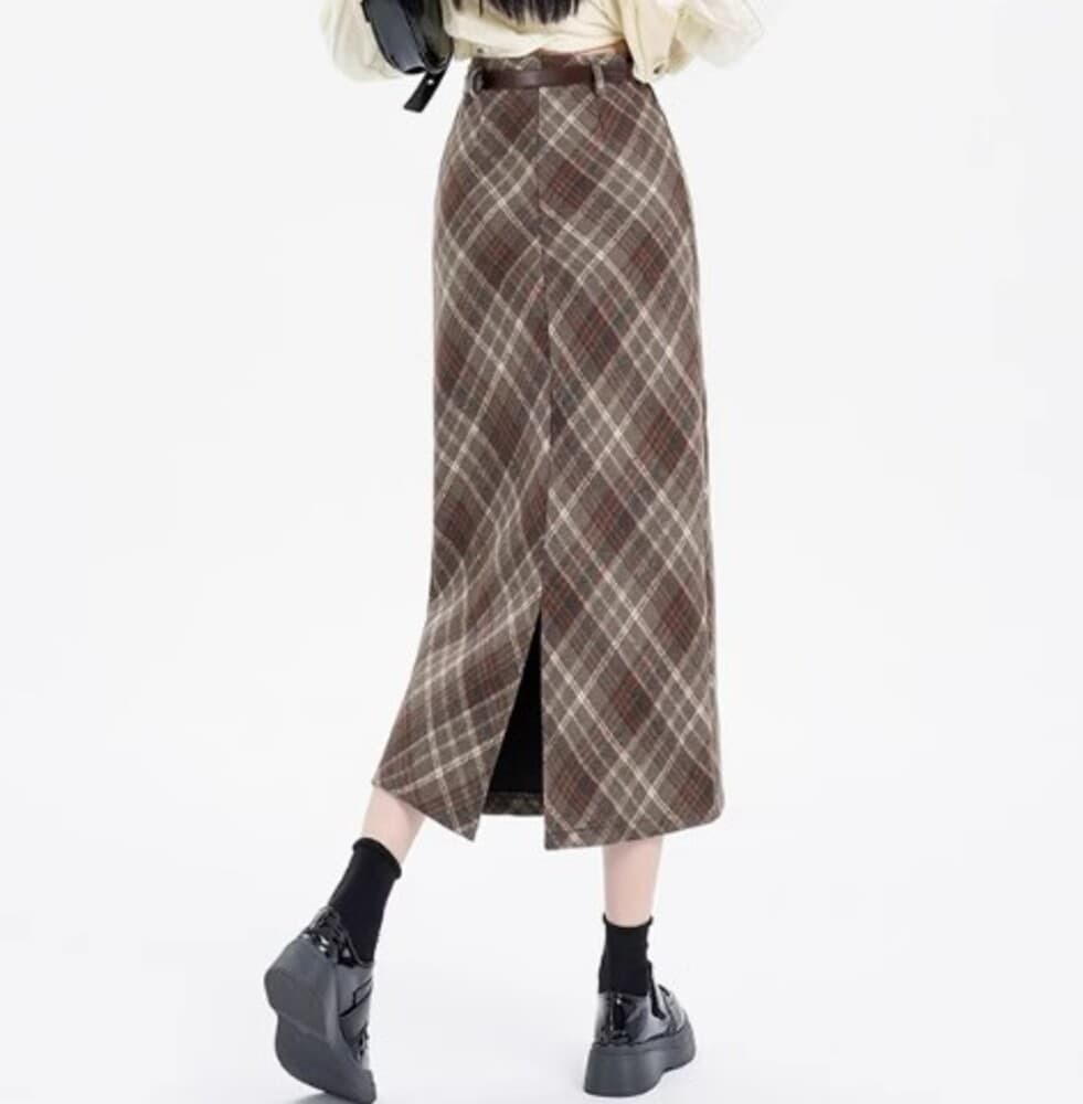 イエベ春/イエベ秋服 アメリカンレトロチェック柄ロングスカート