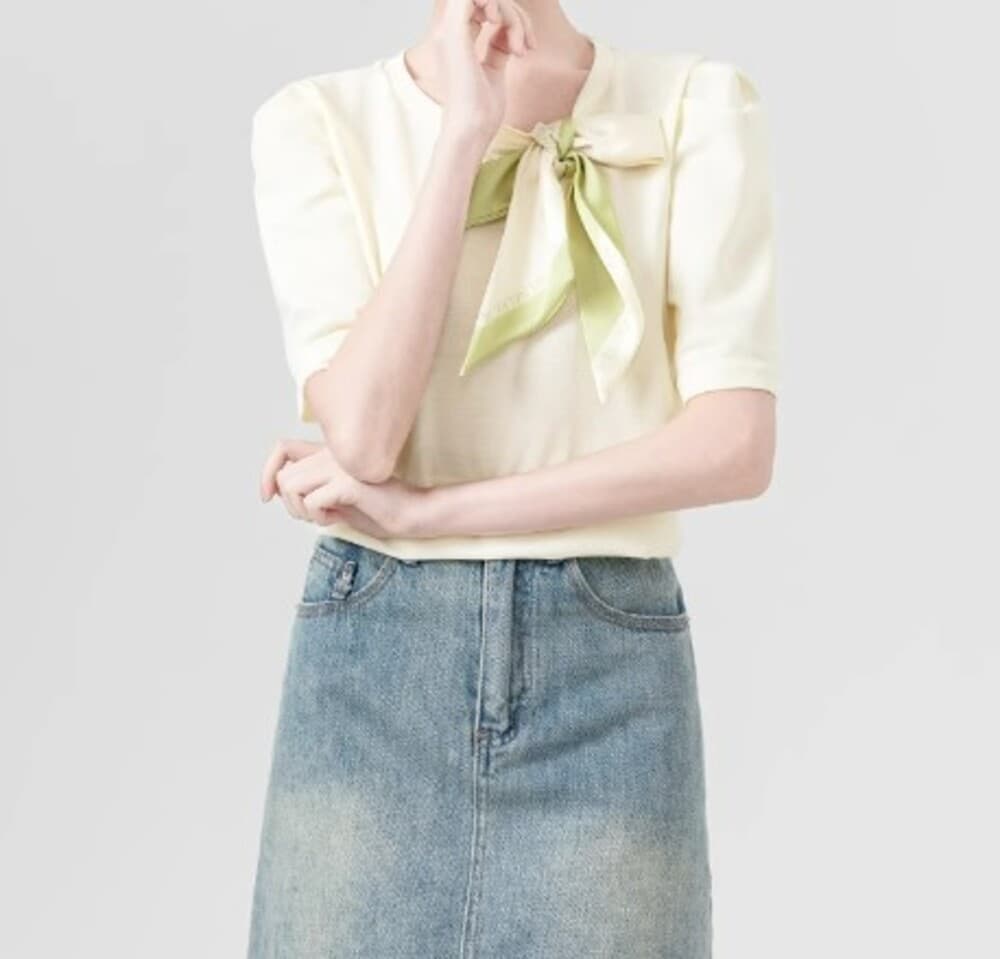 イエベ春服 リボン付き クロップドTシャツ