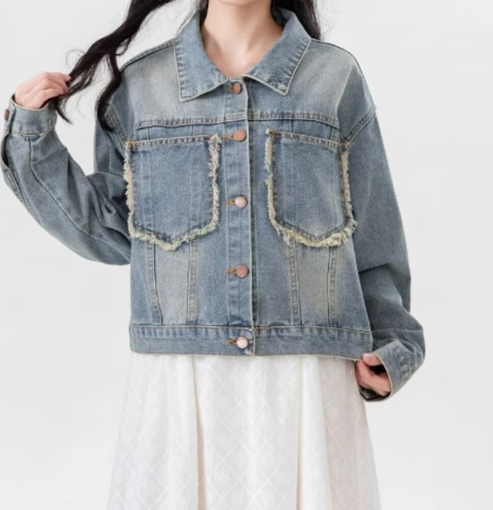 イエベ春服 ダメージ加工 ショートデニムジャケット