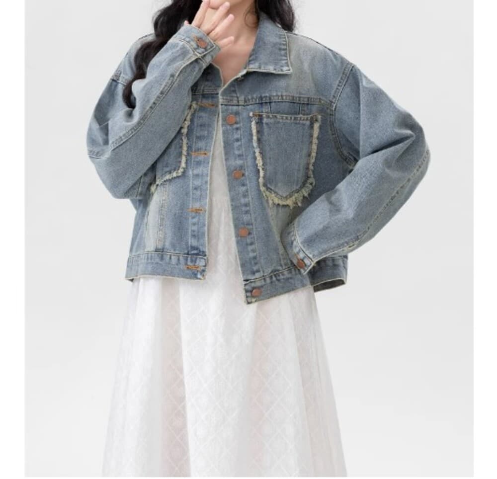 イエベ春服 ダメージ加工 ショートデニムジャケット