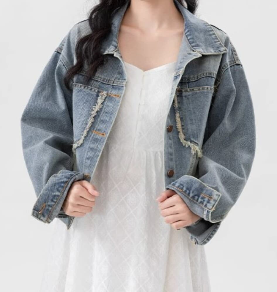 イエベ春服 ダメージ加工 ショートデニムジャケット