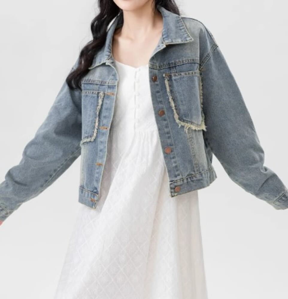 イエベ春服 ダメージ加工 ショートデニムジャケット