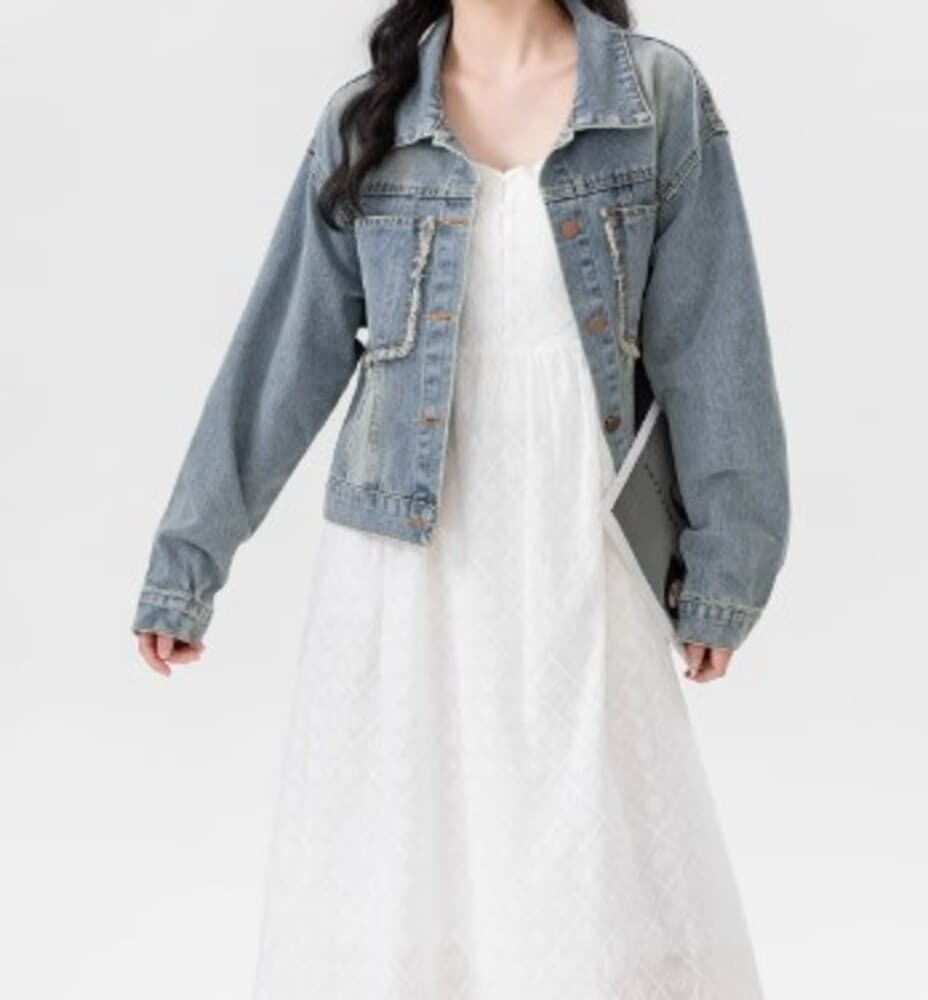 イエベ春服 ダメージ加工 ショートデニムジャケット