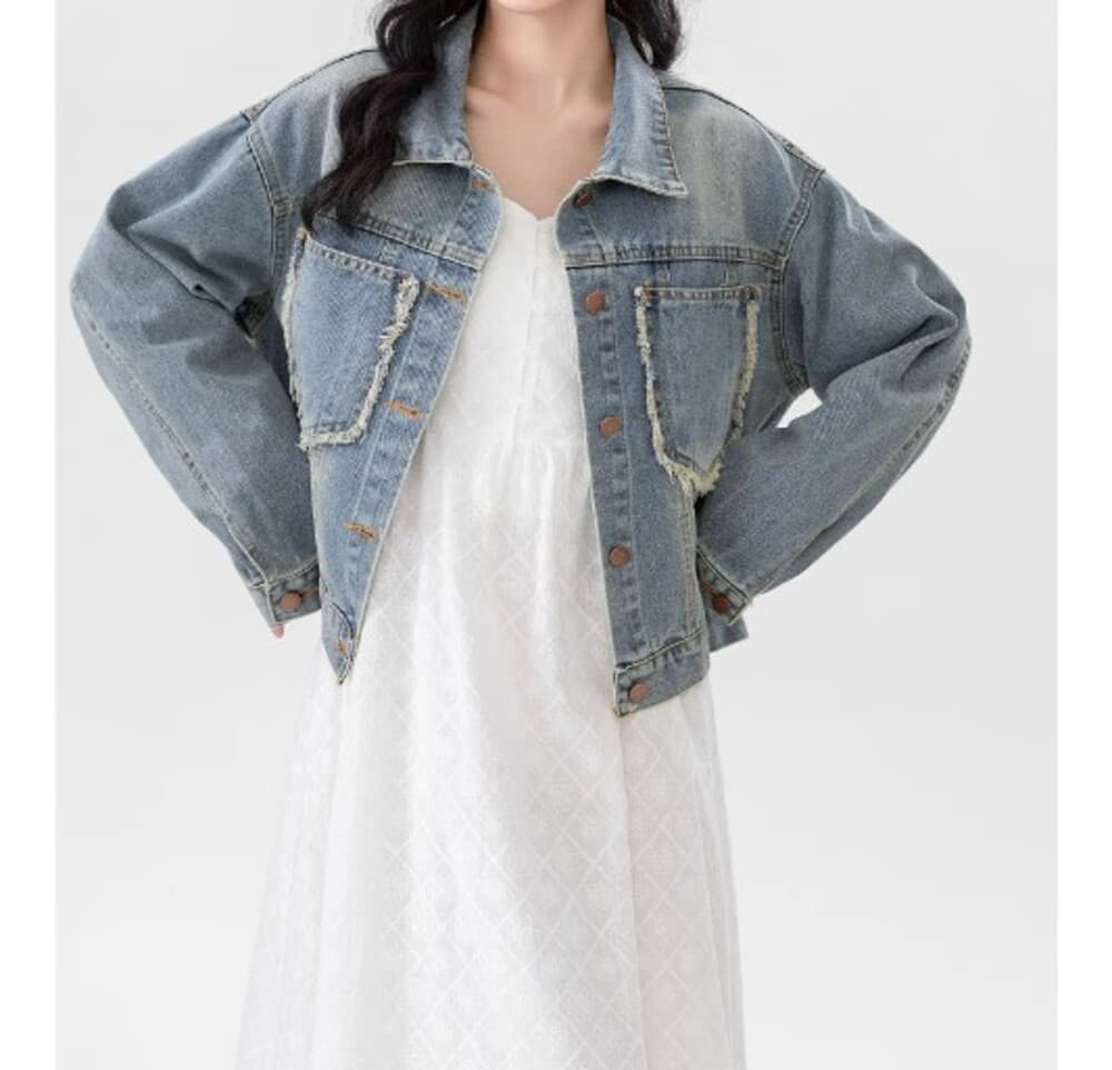 イエベ春服 ダメージ加工 ショートデニムジャケット