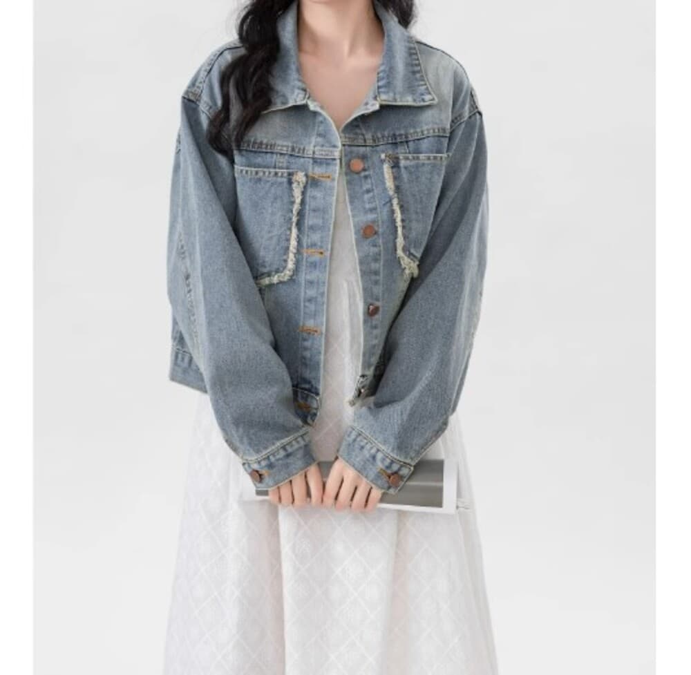 イエベ春服 ダメージ加工 ショートデニムジャケット