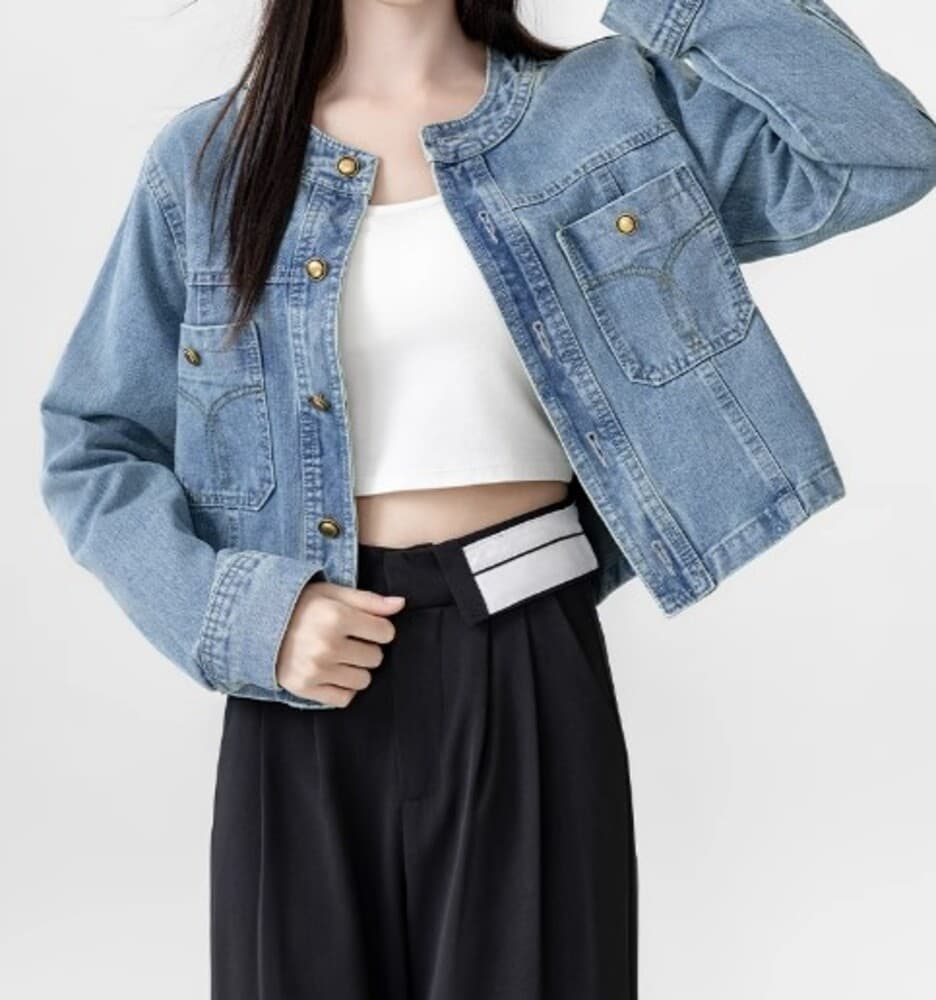 イエベ春服 ノーカラード デニムジャケット