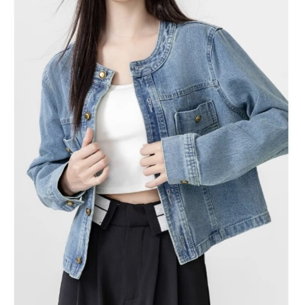 イエベ春服 ノーカラード デニムジャケット