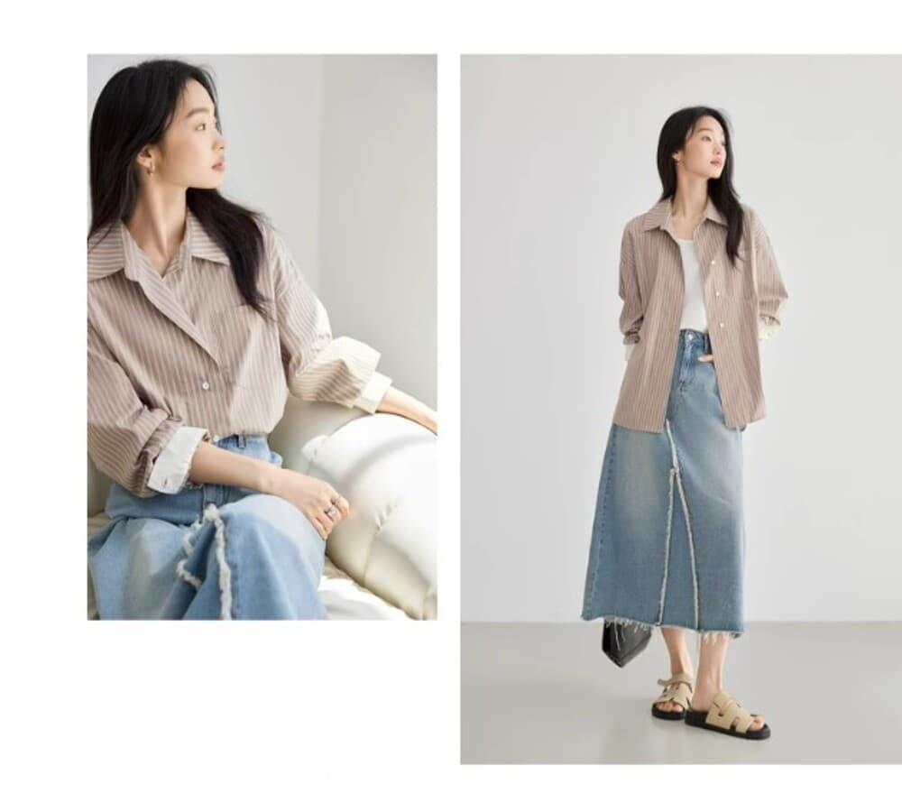 イエベ春/イエベ秋服 ストライプルーズシャツ