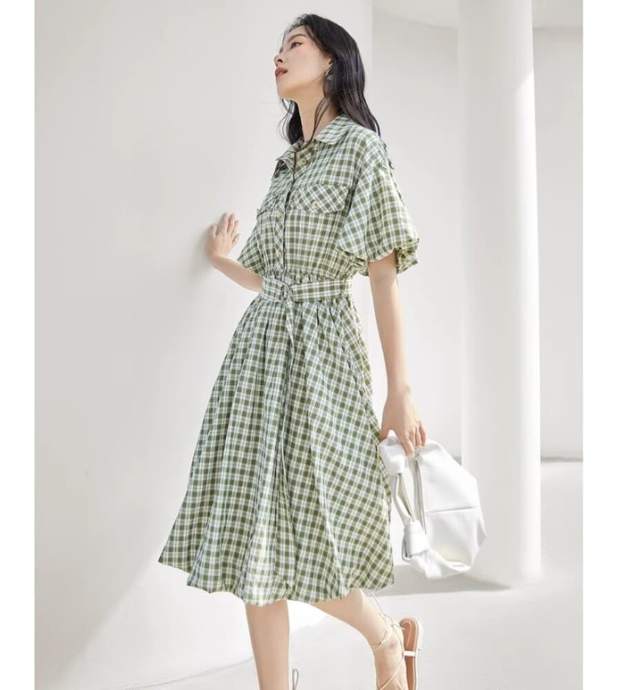 イエベ春/イエベ秋服 チェック柄シャツワンピース