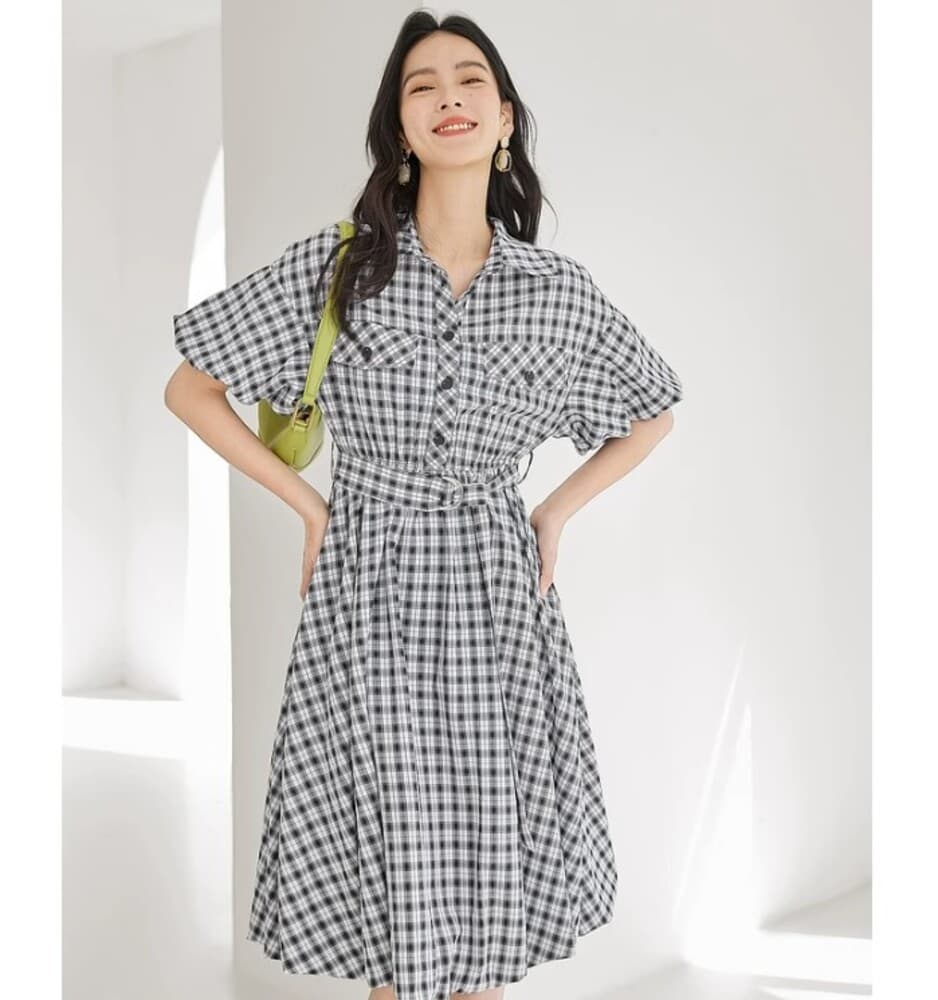 イエベ春/イエベ秋服 チェック柄シャツワンピース