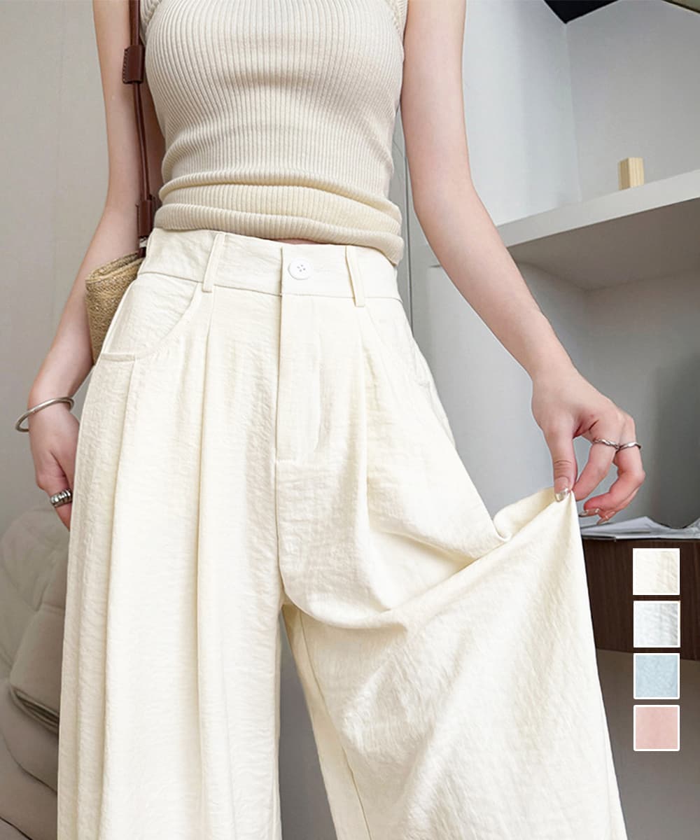 イエベ春/イエベ秋服 タック入りハイウエストワイドパンツ 美脚効果