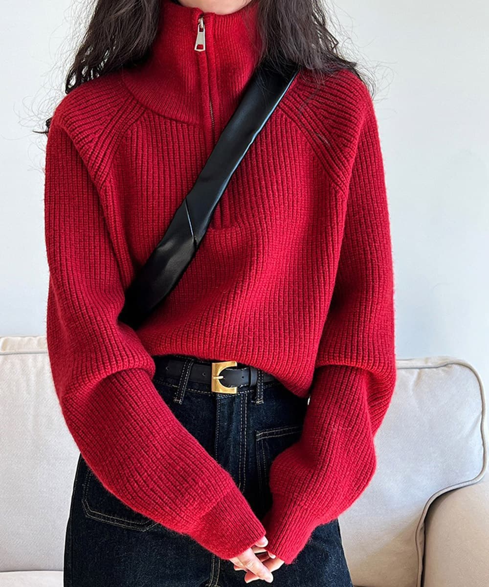 イエベ春/イエベ秋服 ハーフファスナー ショート丈 ニット レディース