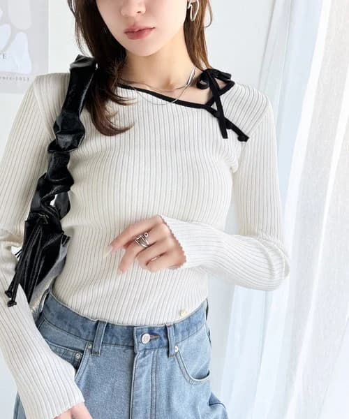 イエベ春/イエベ秋服 リボン結び細リブ柔らかニット