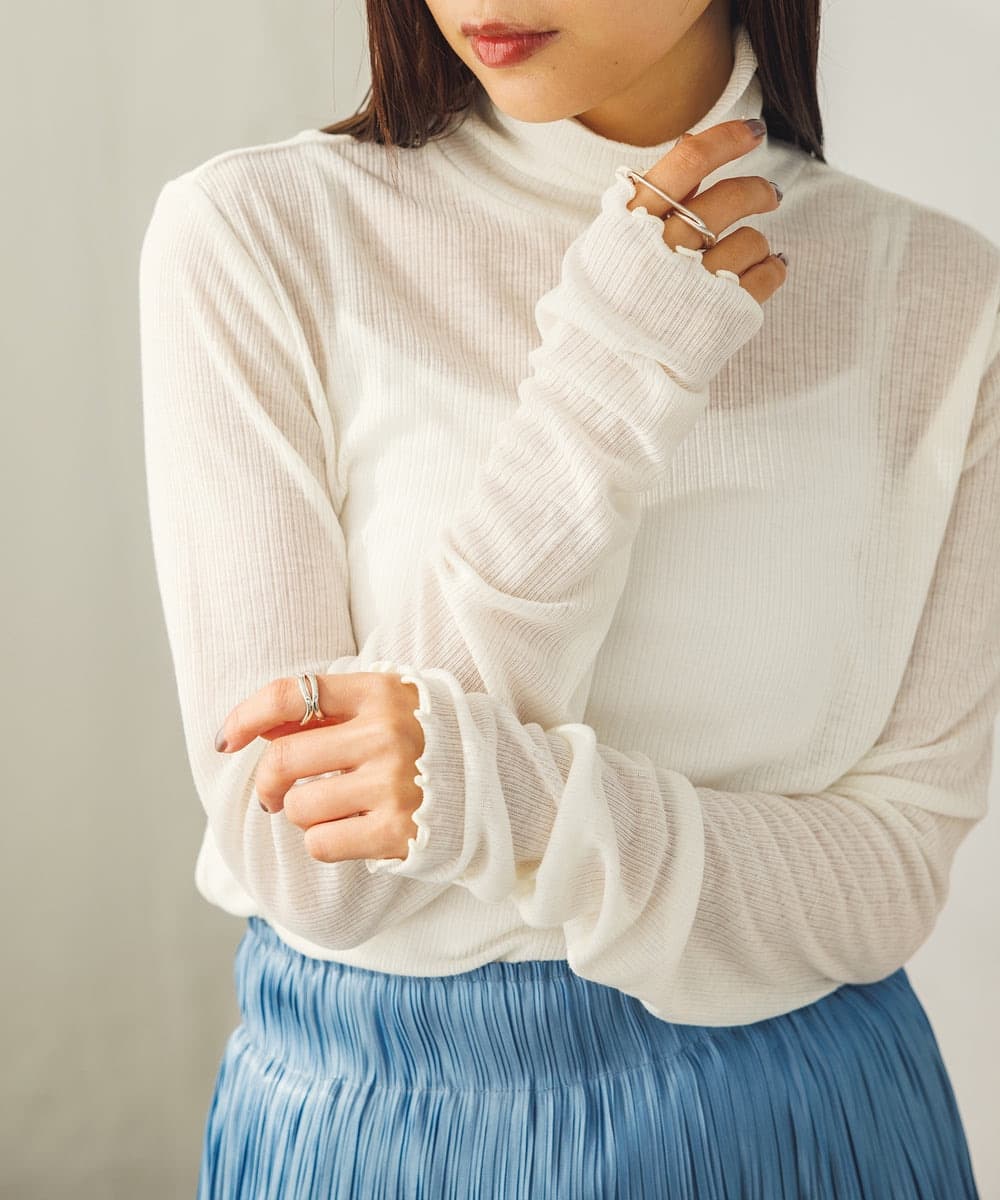 イエベ春服 薄手リブタートルネックブラウス