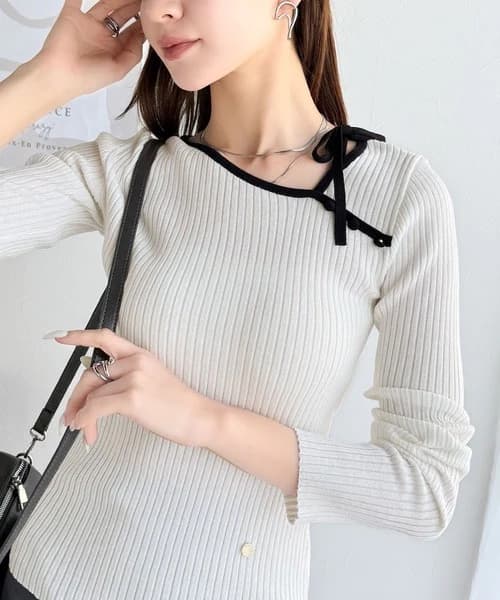 イエベ春/イエベ秋服 リボン結び細リブ柔らかニット